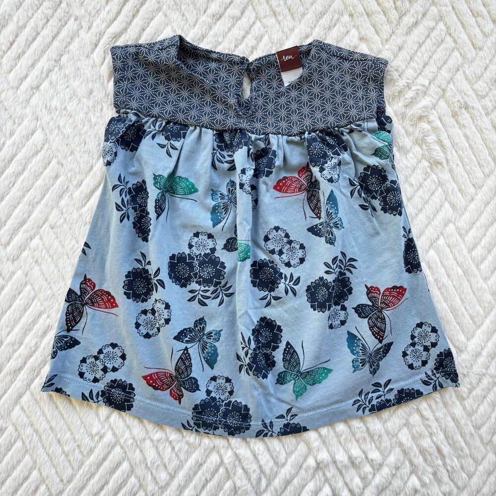 Tea Collection Baby Girls 6-12M Blue Butterfly Floral Dress Cotton